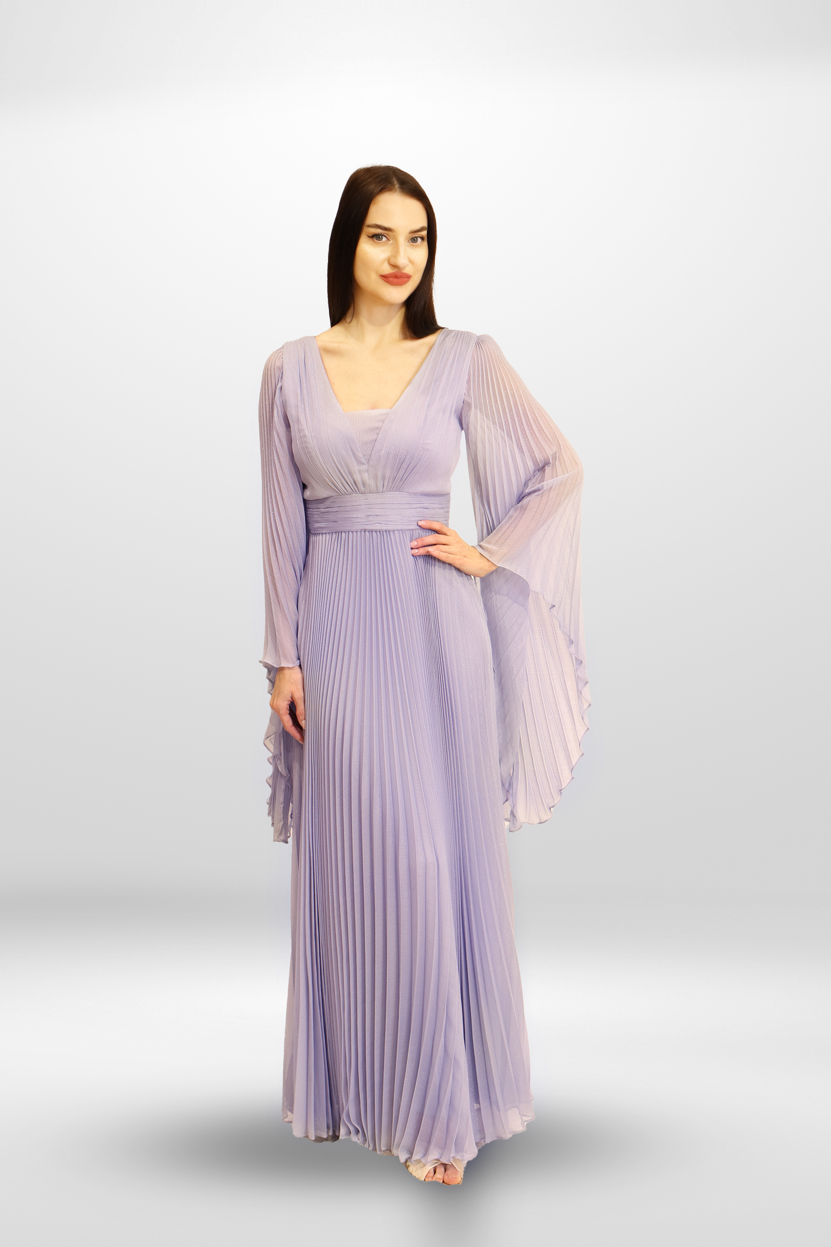 Pleated Chiffon Cape Gown.