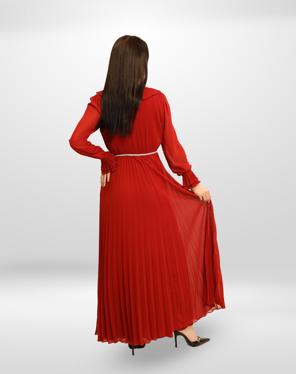 Pleated Button Chiffon Gown.