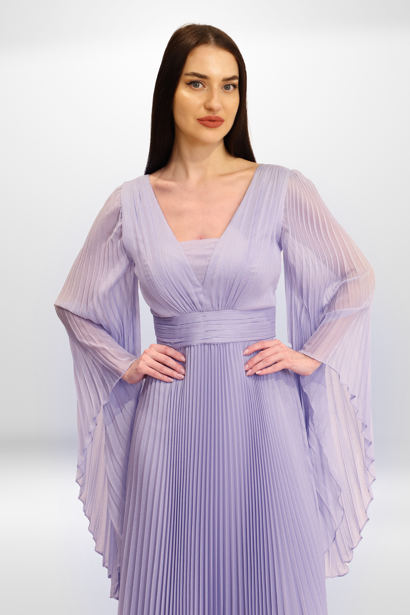 Pleated Chiffon Cape Gown.