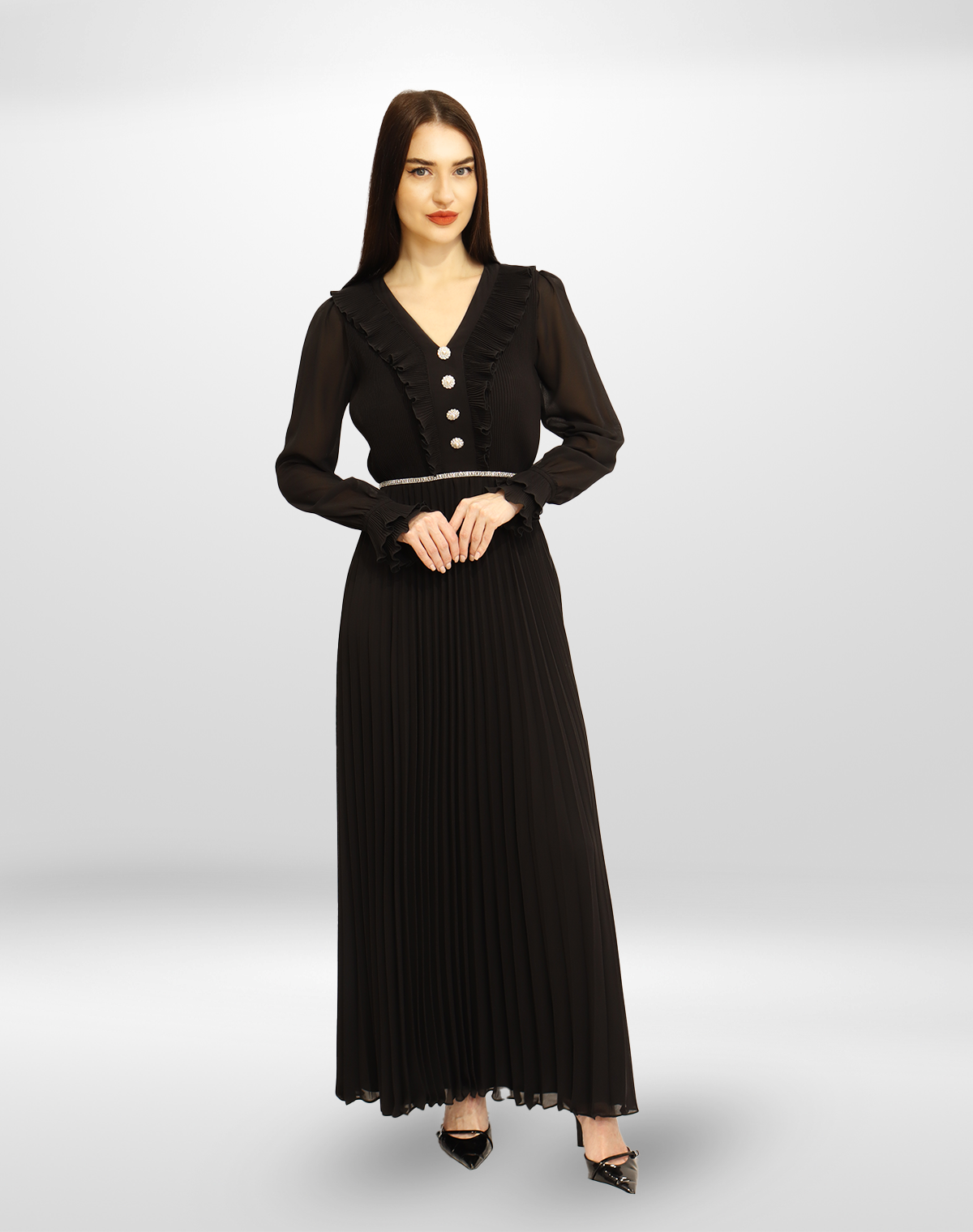 Pleated Button Chiffon Gown.