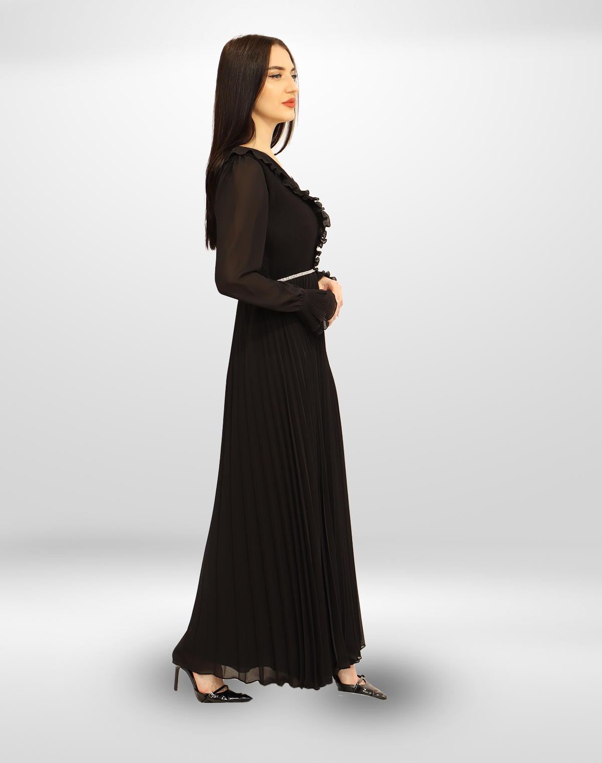 Pleated Button Chiffon Gown.