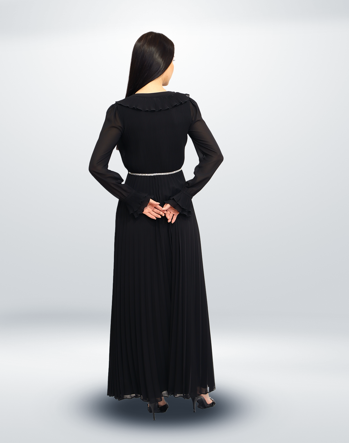 Pleated Button Chiffon Gown.