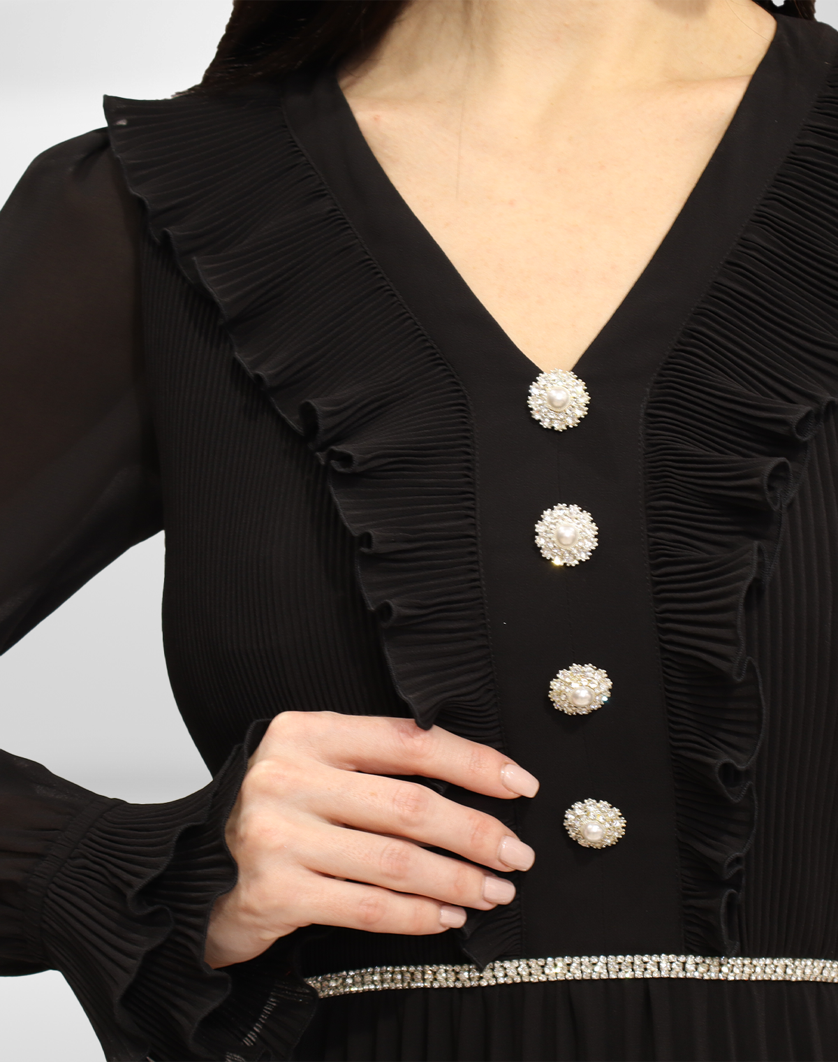 Pleated Button Chiffon Gown.