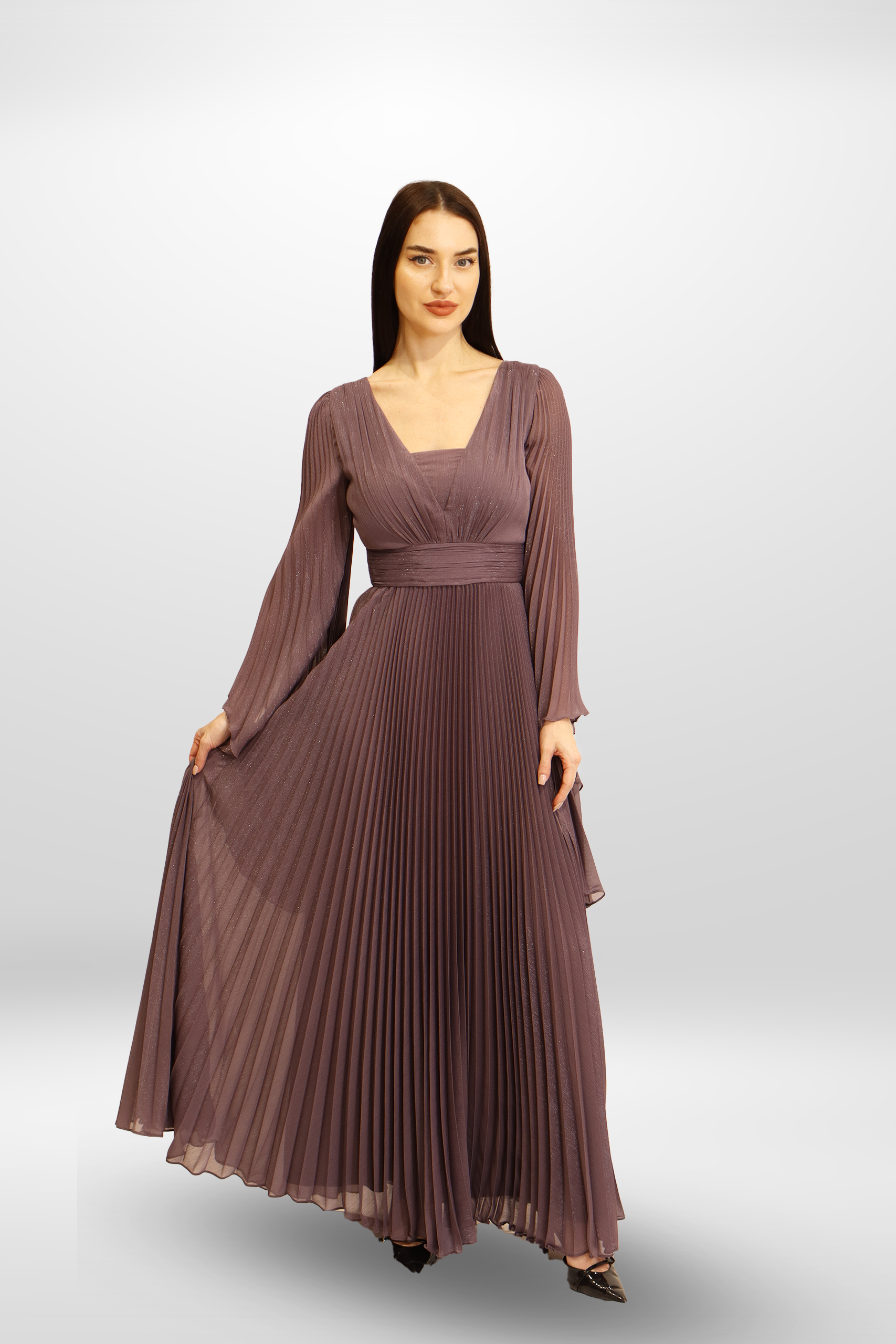 Pleated Chiffon Cape Gown.