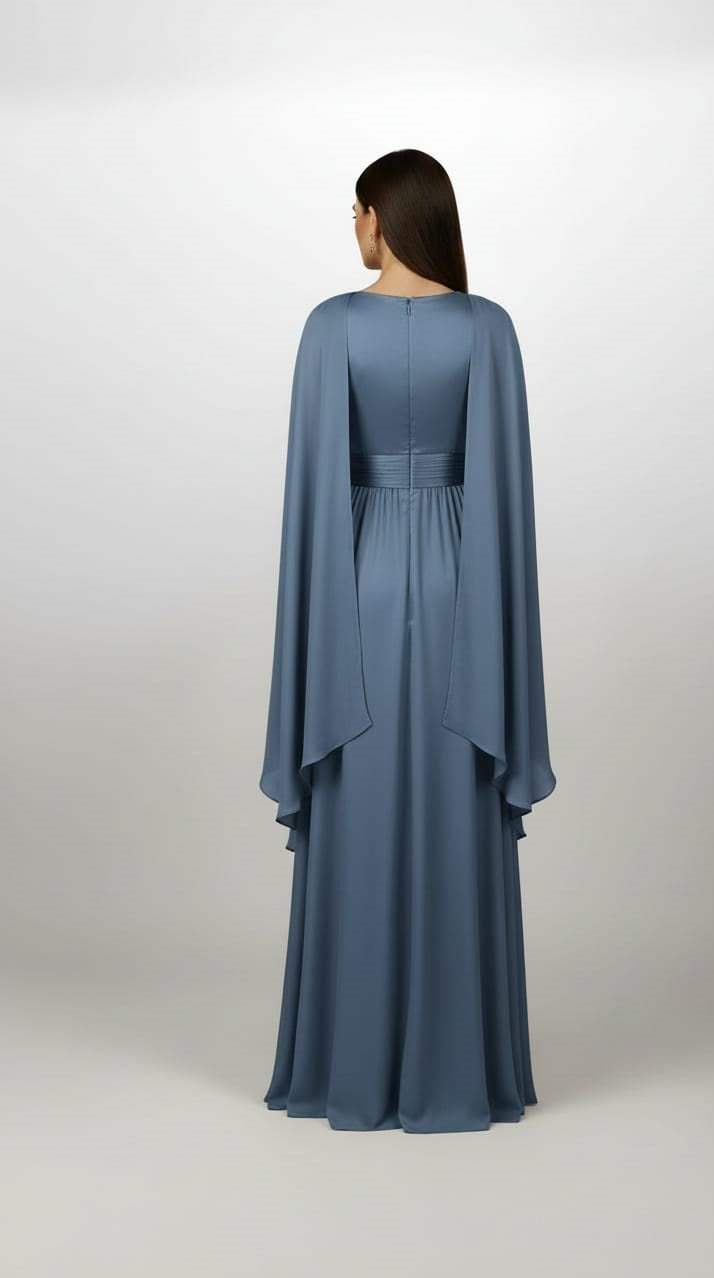 Olive Pleated Chiffon Cape Gown.