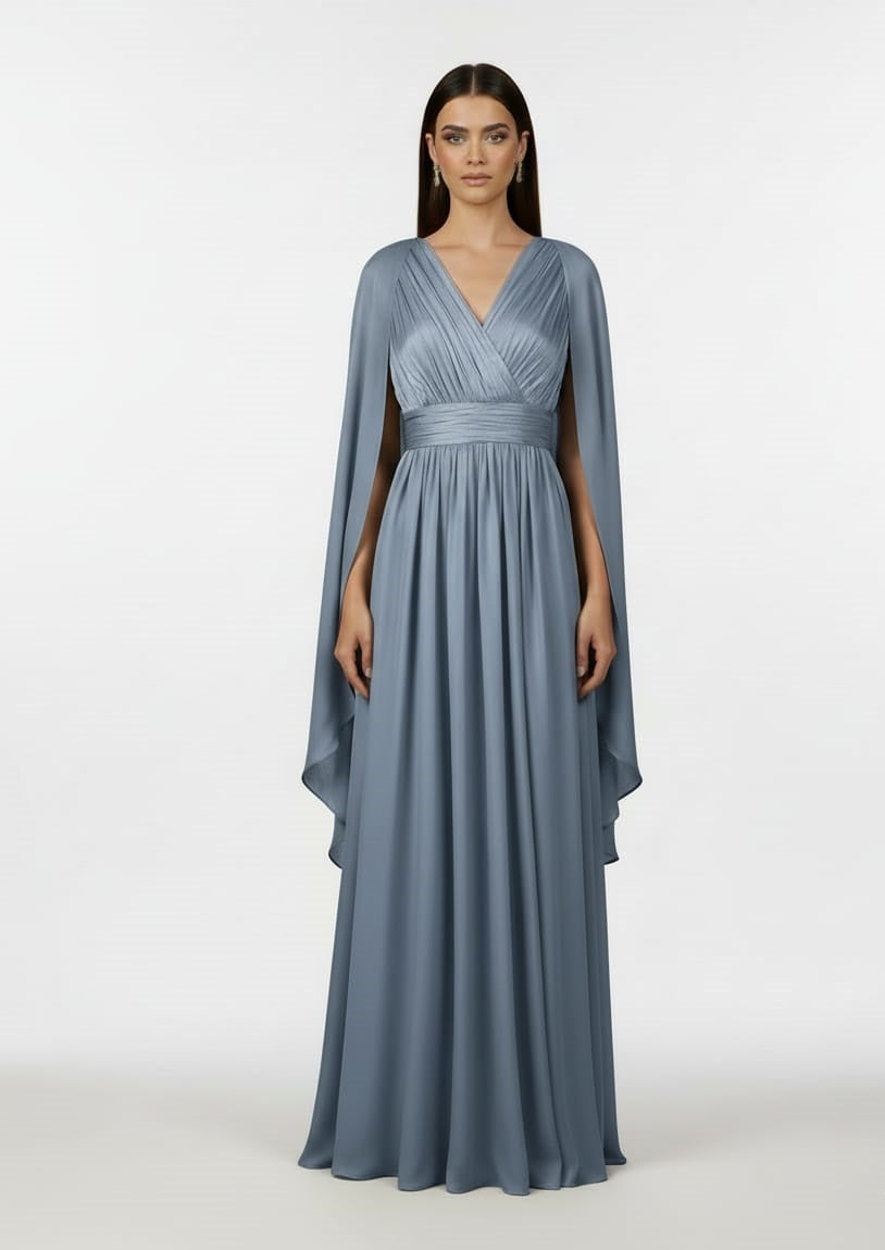Olive Pleated Chiffon Cape Gown.