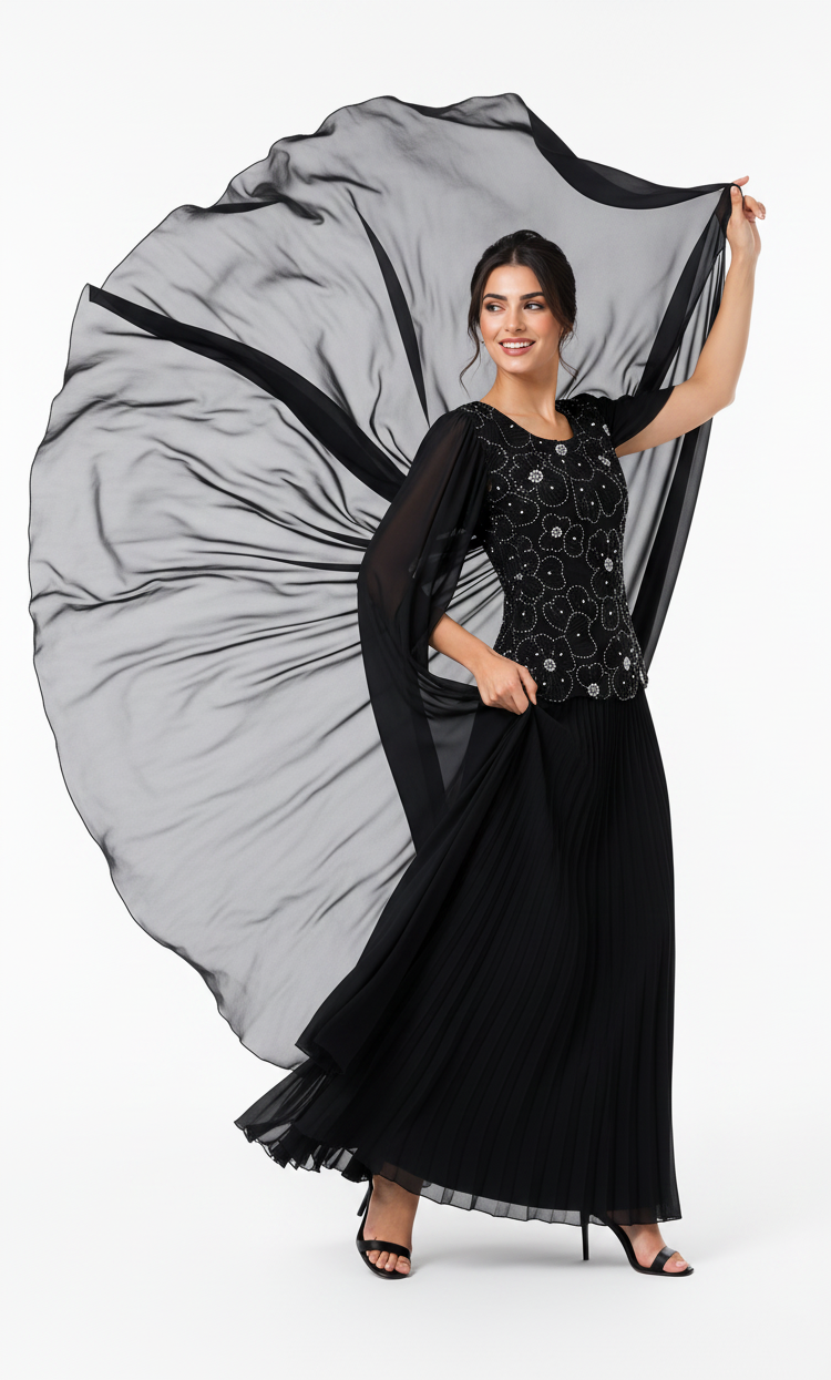 Floral Beaded Pleated Cape Gown