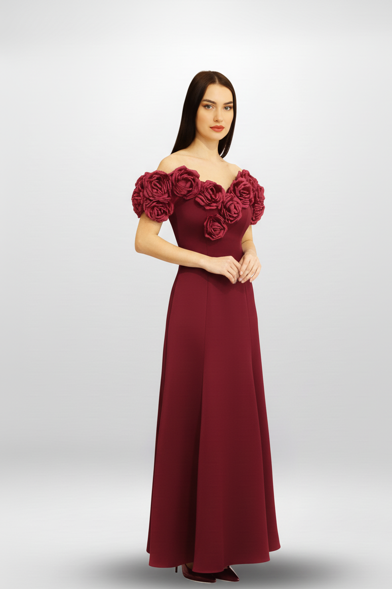 Off-Shoulder Rosette Maxi Dress.