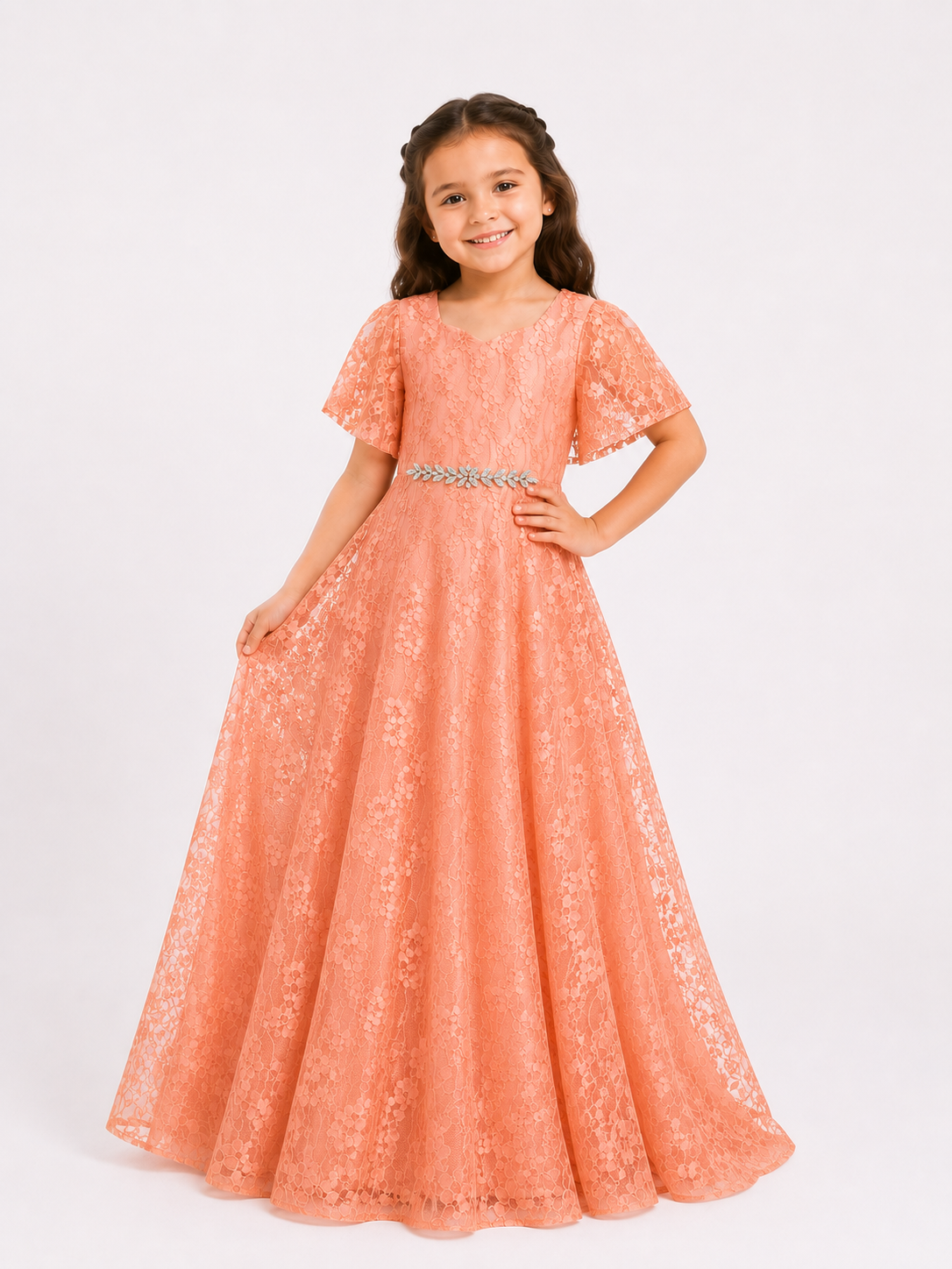 Floral Line Embroidered Lace Gown
