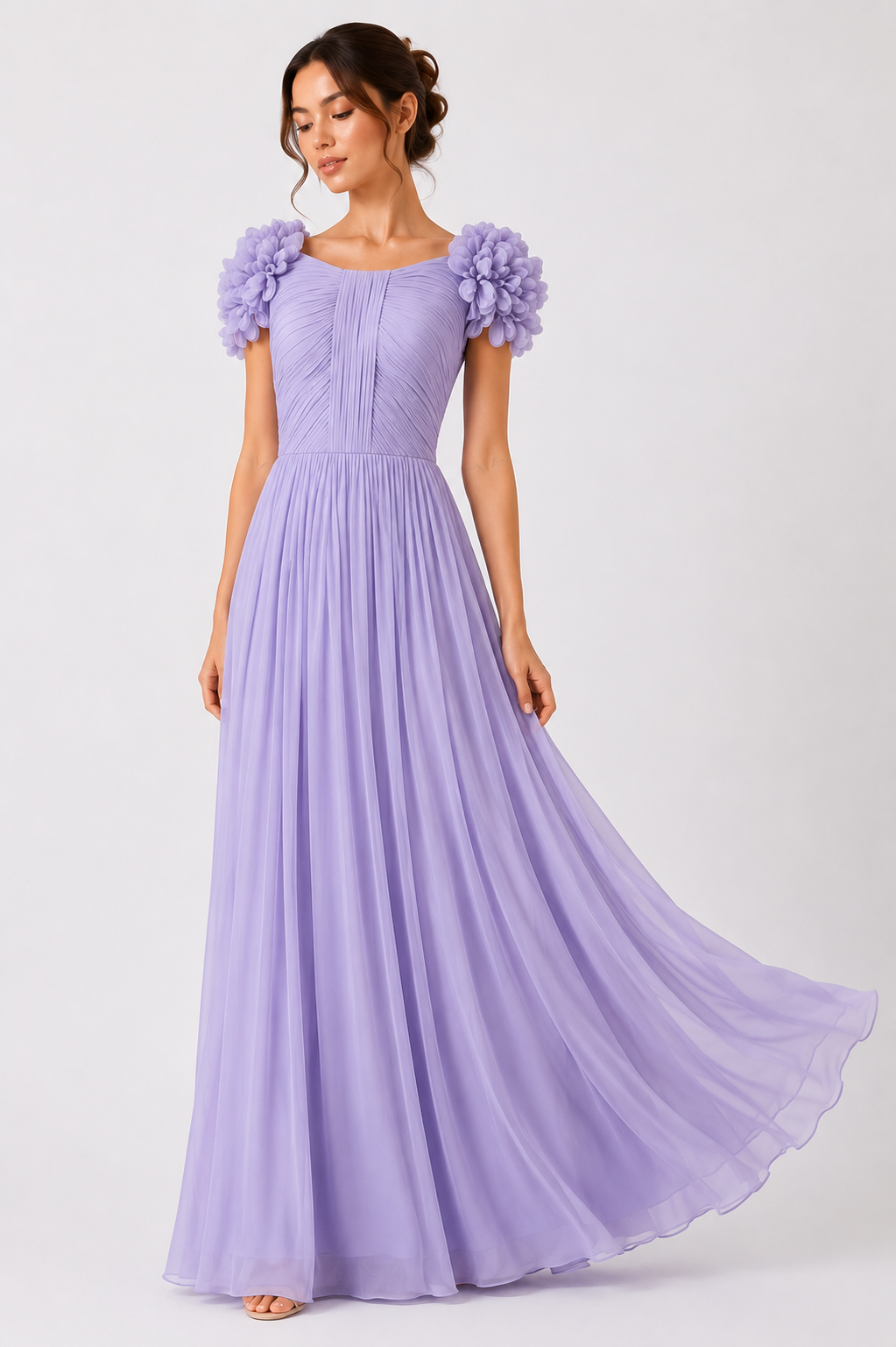Lavender Blossom Pleated Chiffon Maxi Gown