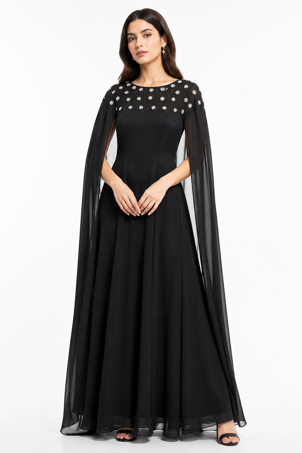 Cape Sleeve Embellished Maxi Gown