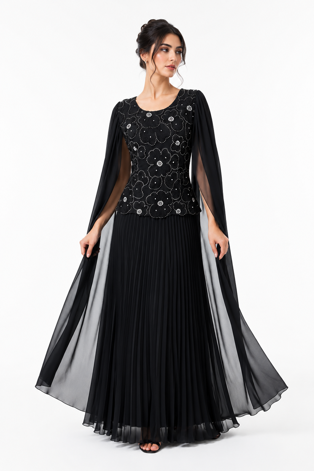 Floral Beaded Pleated Cape Gown