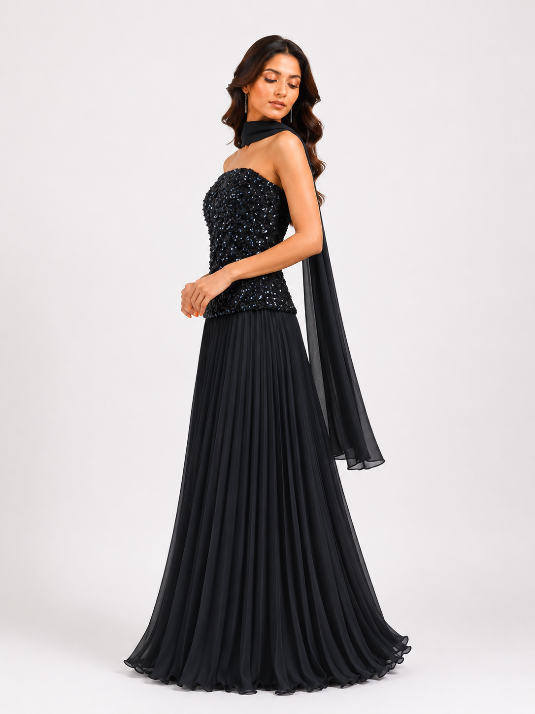 Strap Sequin Pleated Evening Gown