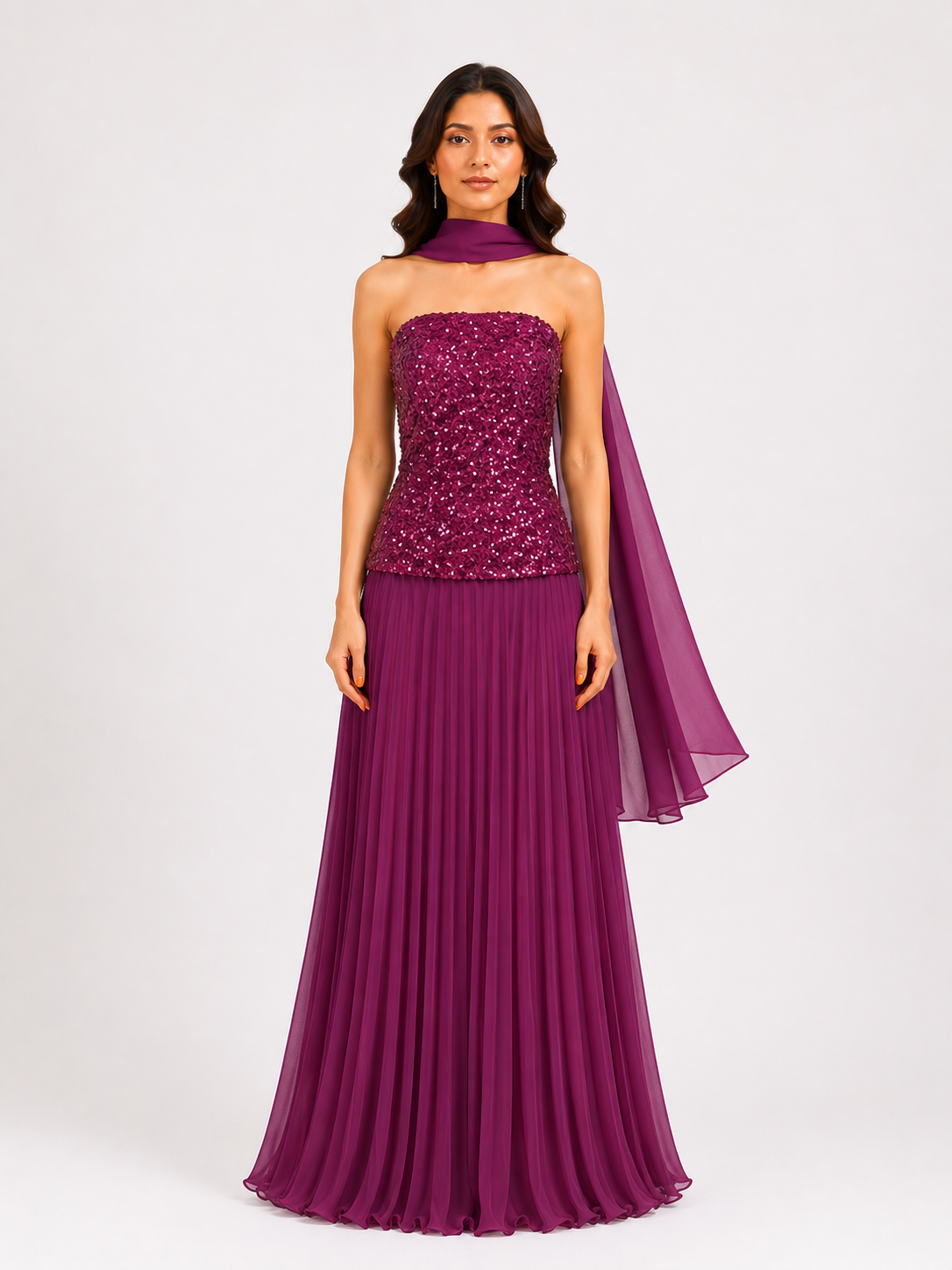 Strap Sequin Pleated Evening Gown