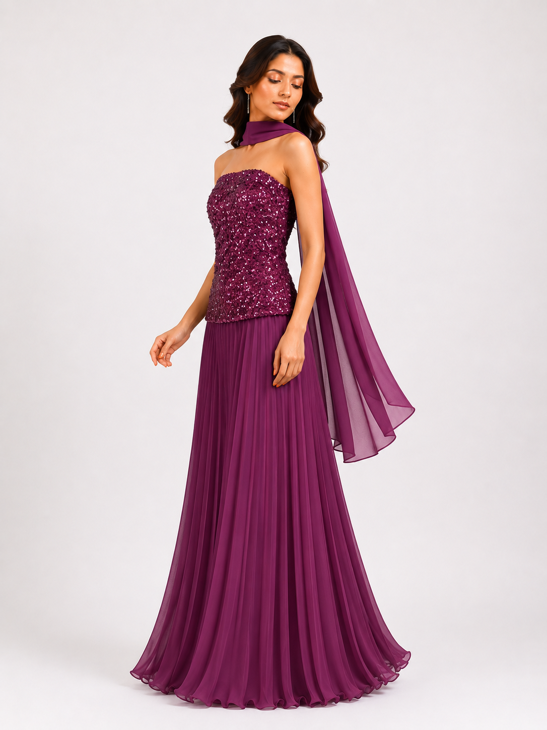 Strap Sequin Pleated Evening Gown
