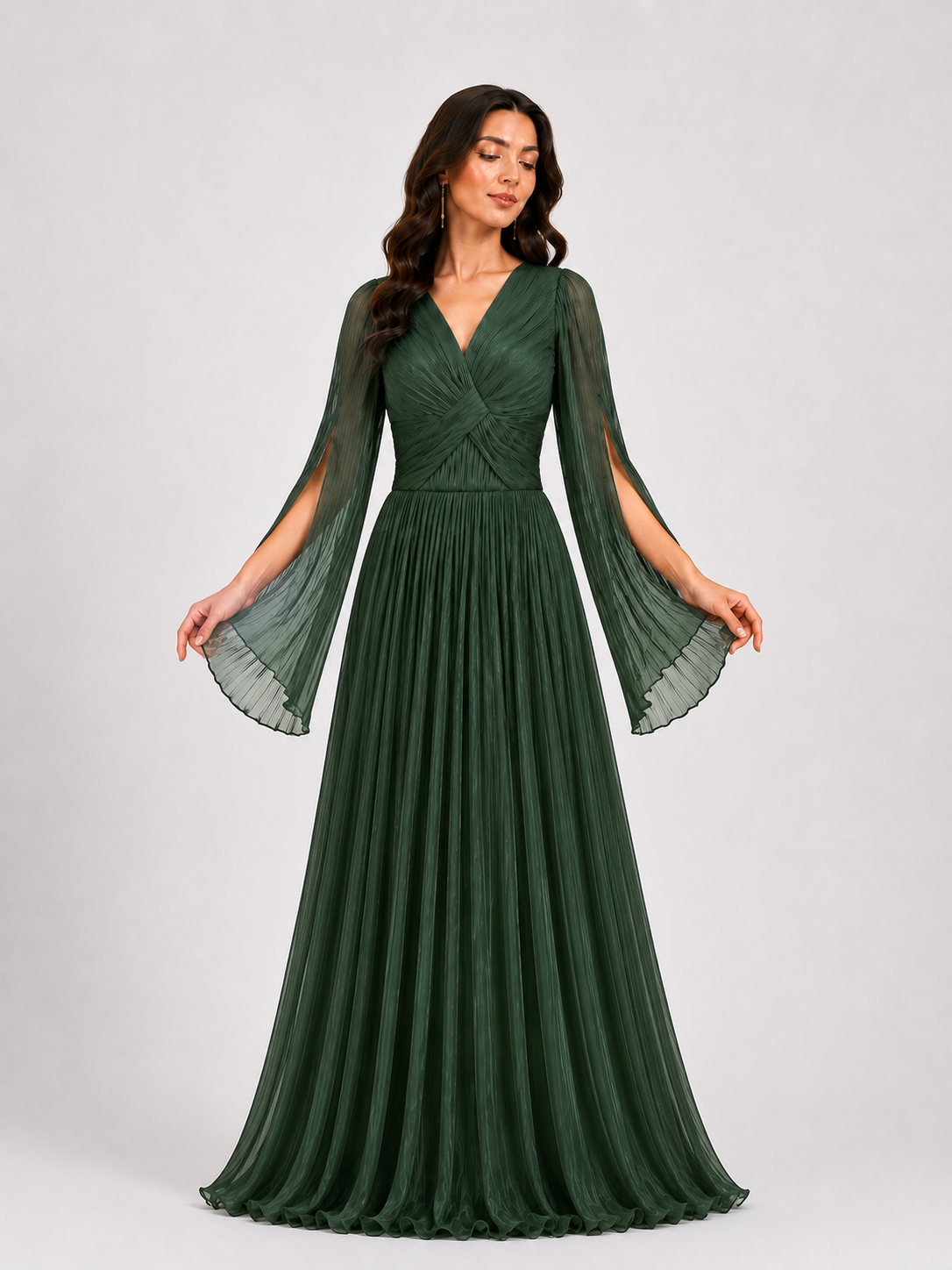 Emerald Pleated V-Neck Maxi Gown