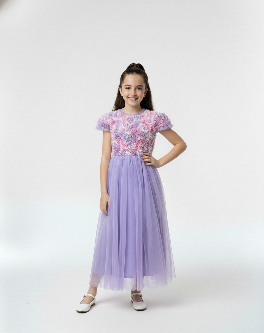 Girls Lavender 3D Floral Tutu Dress,