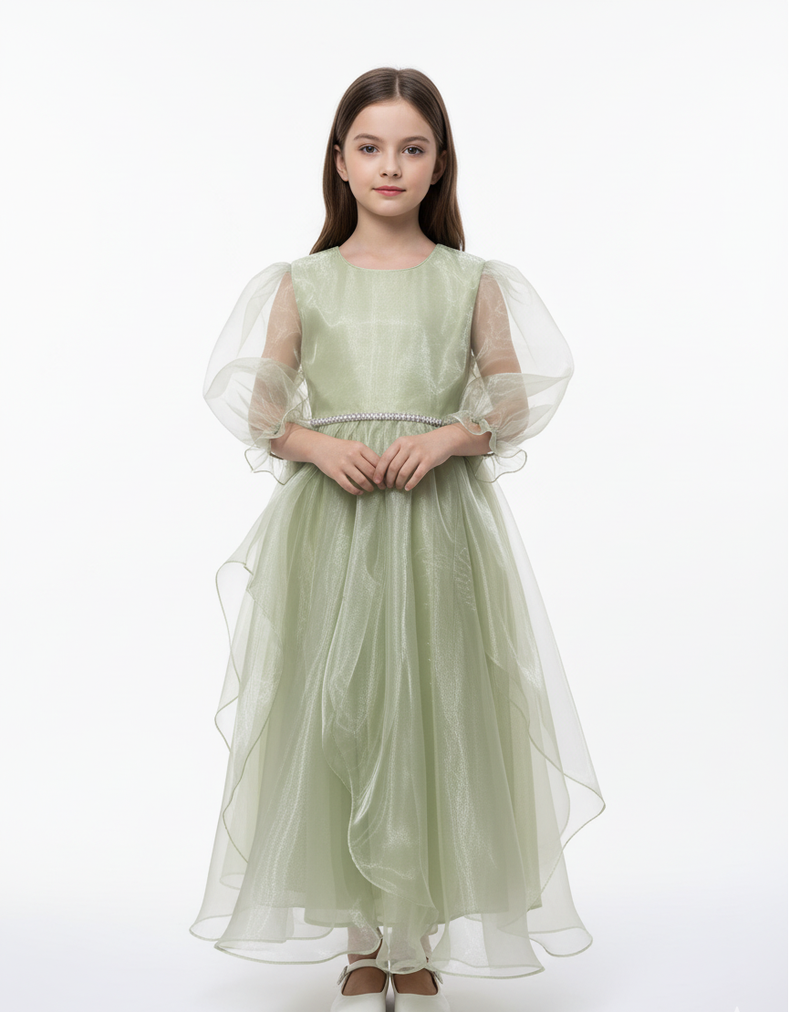 Puff Sleeve Organza Cascade Gown