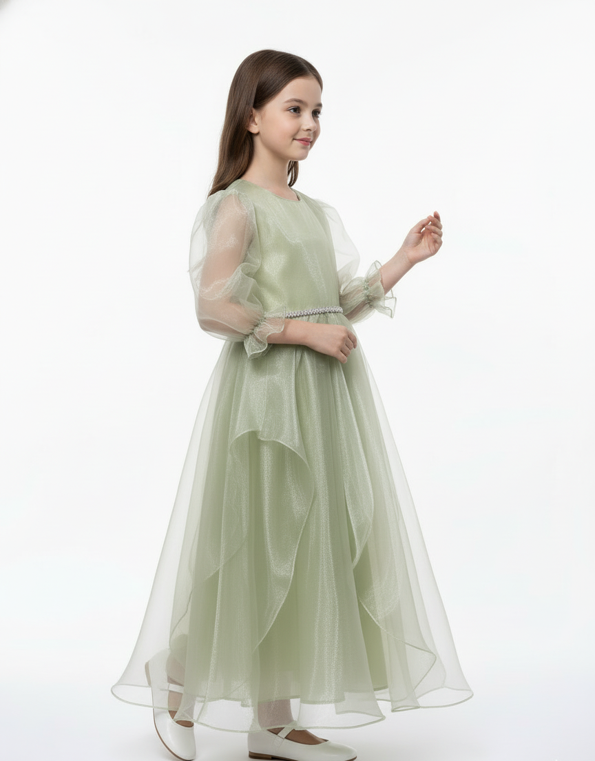 Puff Sleeve Organza Cascade Gown