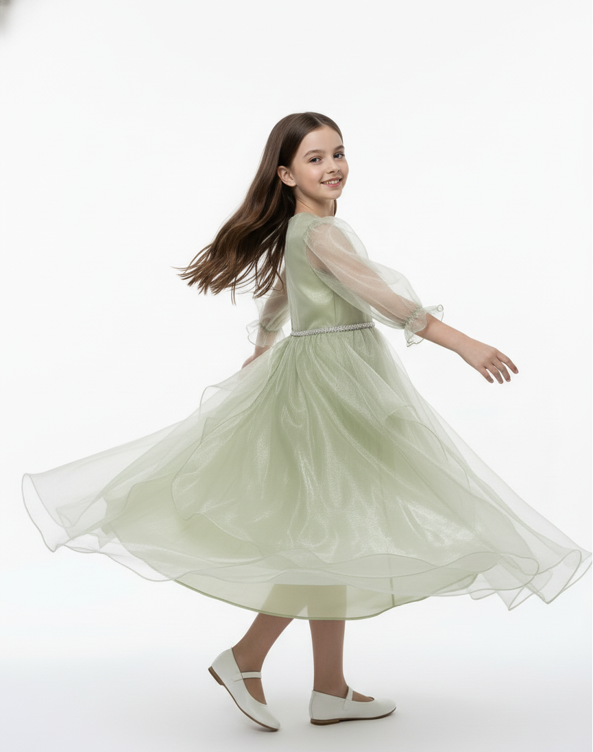 Puff Sleeve Organza Cascade Gown