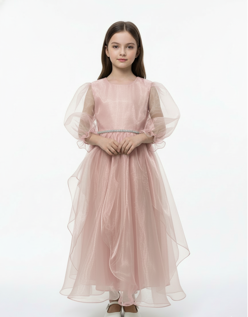 Puff Sleeve Organza Cascade Gown