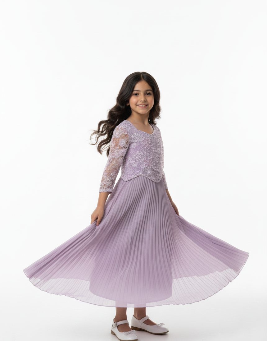 Girls Lace Pleated Maxi Dress,