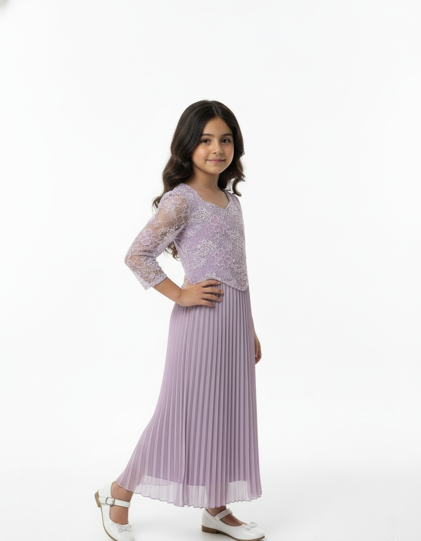 Girls Lace Pleated Maxi Dress,