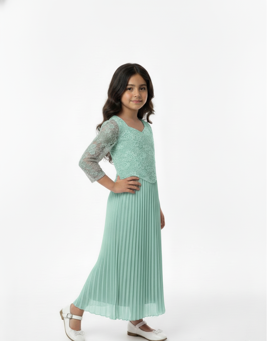Girls Lace Pleated Maxi Dress,