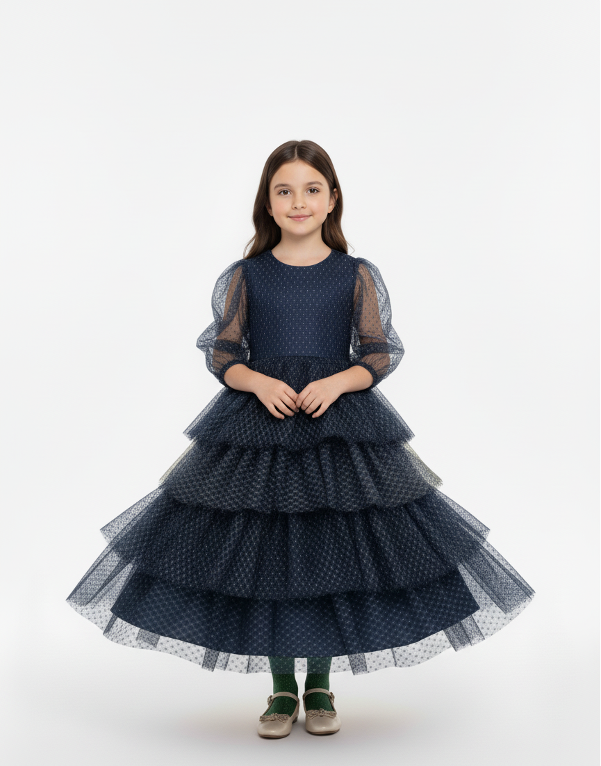 Tiered Mesh Polka Dot Gown