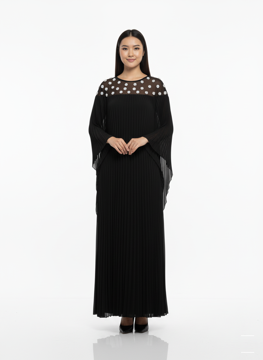 Pleated Embellished Mesh Kaftan Gown