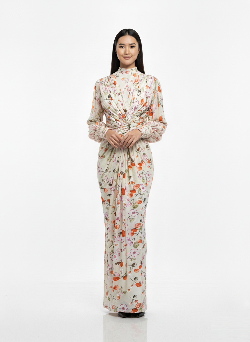 Floral Chiffon Draped Maxi Dress