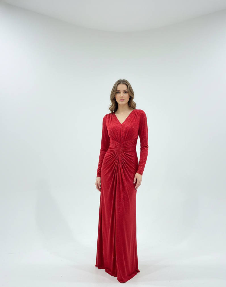 Ruched V-Neck Long Sleeve Gown