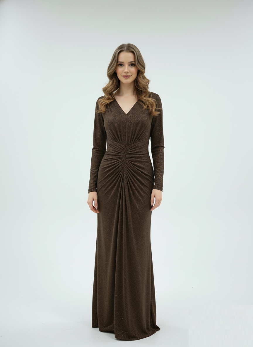 Ruched V-Neck Long Sleeve Gown
