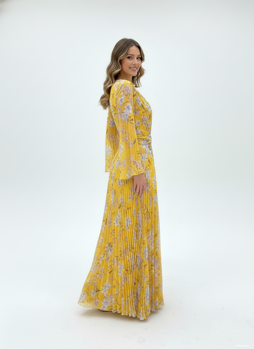 Yellow Floral Pleated Maxi Dress.