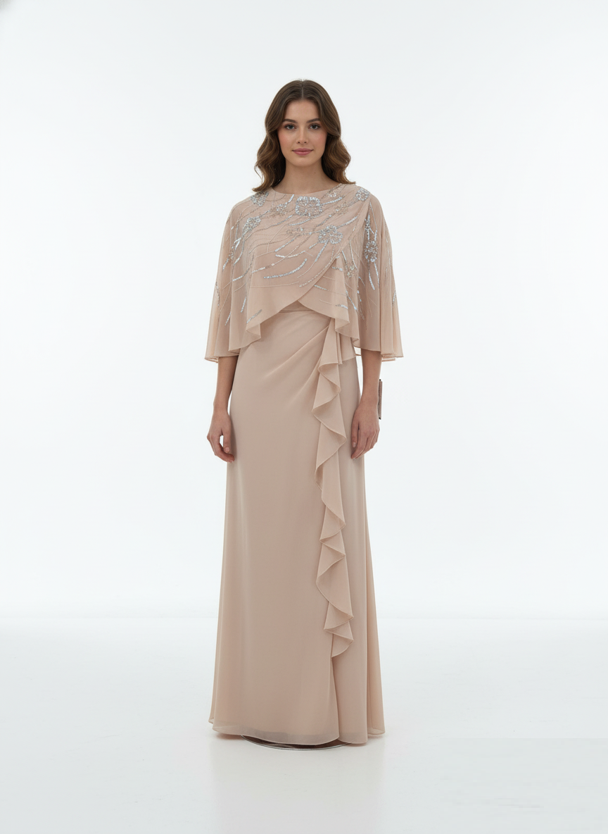 Chiffon Beaded Cape Maxi Dress.