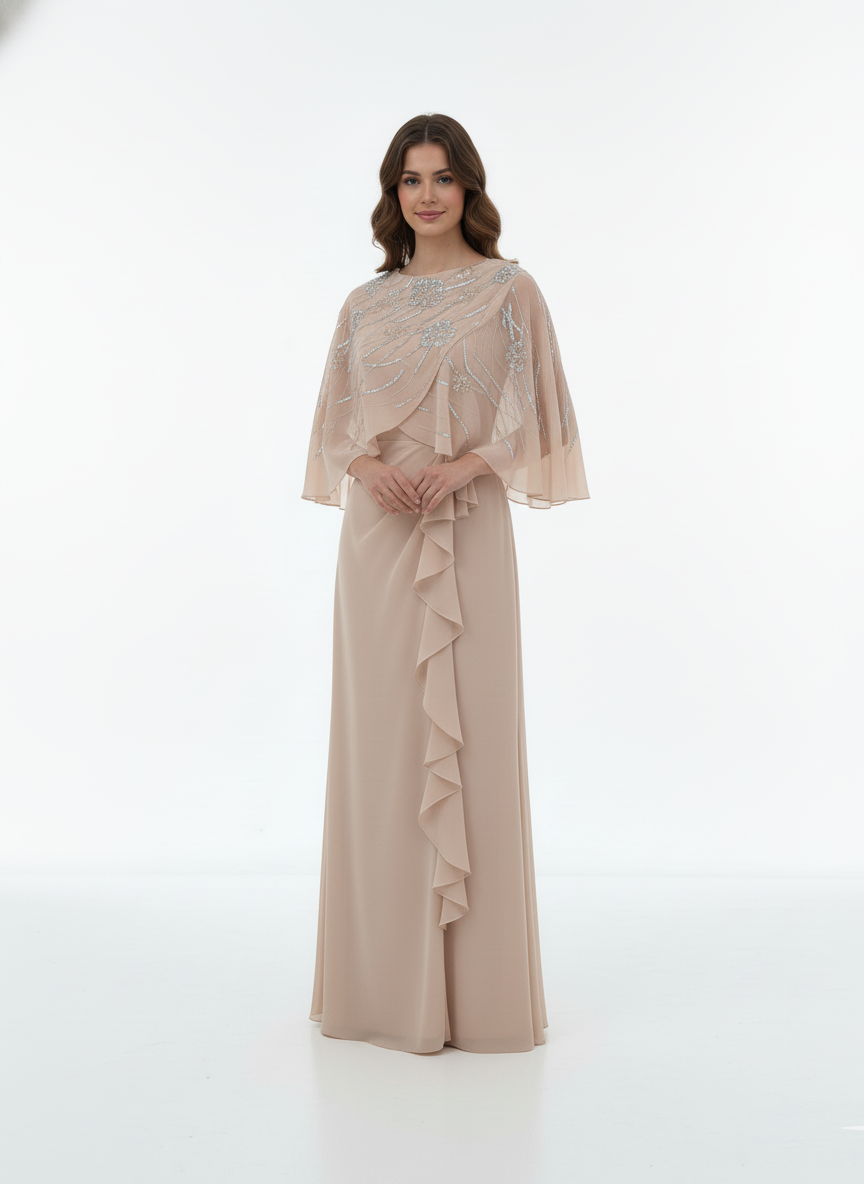 Chiffon Beaded Cape Maxi Dress.