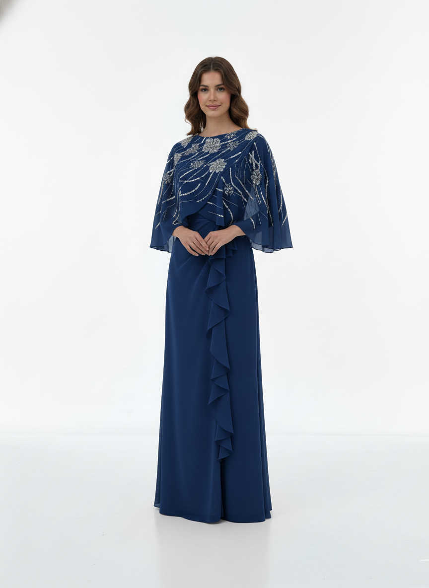 Chiffon Beaded Cape Maxi Dress.
