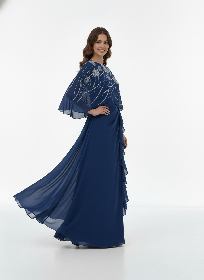 Chiffon Beaded Cape Maxi Dress.