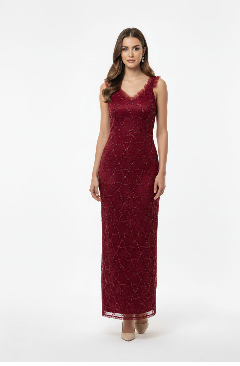 Sheath Lace V-Neck Evening Gown.