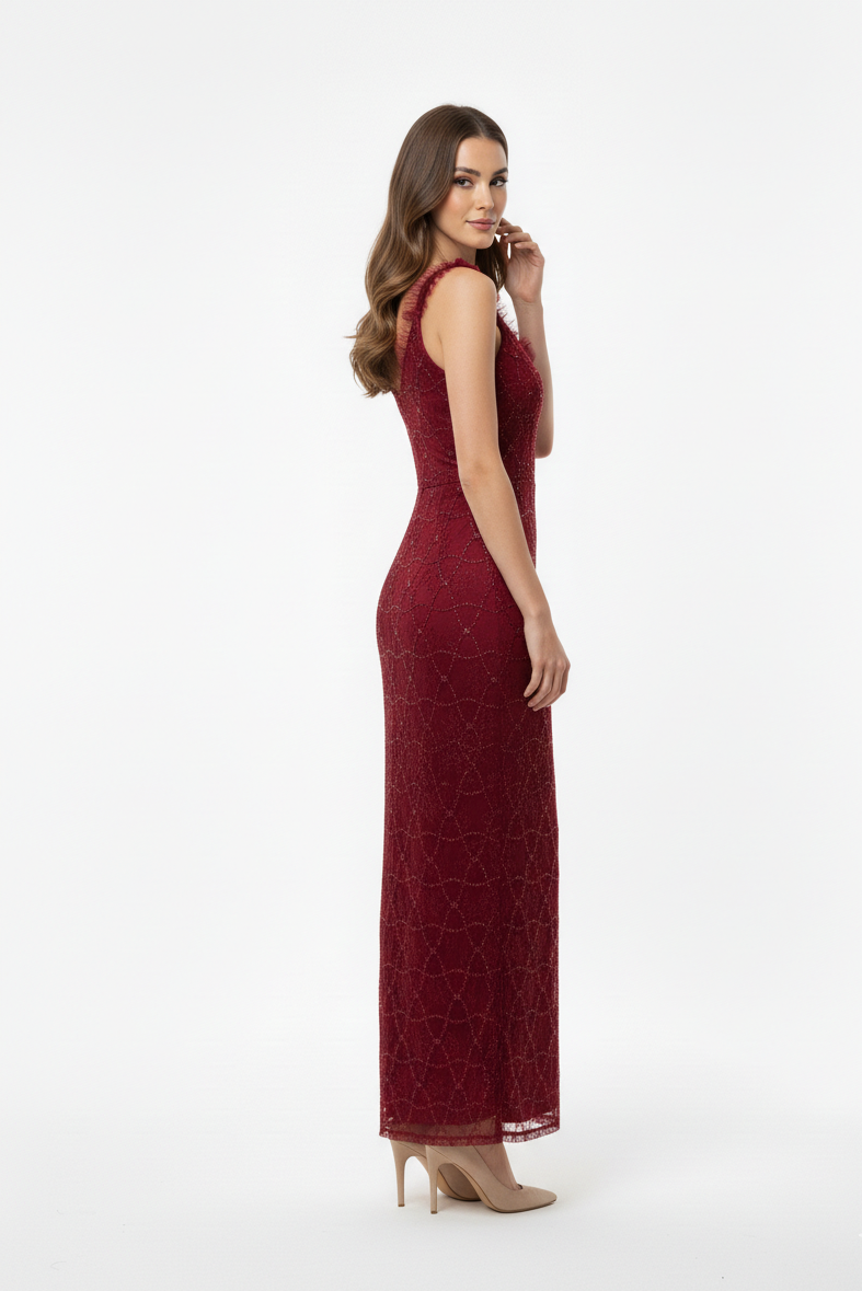 Sheath Lace V-Neck Evening Gown.