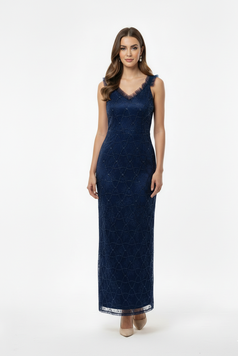 Sheath Lace V-Neck Evening Gown.