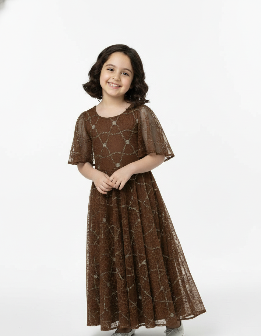 Lace-Overlay Flutter Sleeve Evening Gown