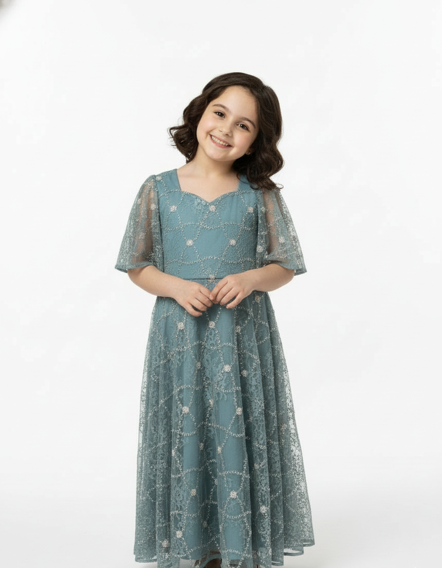 Lace-Overlay Flutter Sleeve Evening Gown