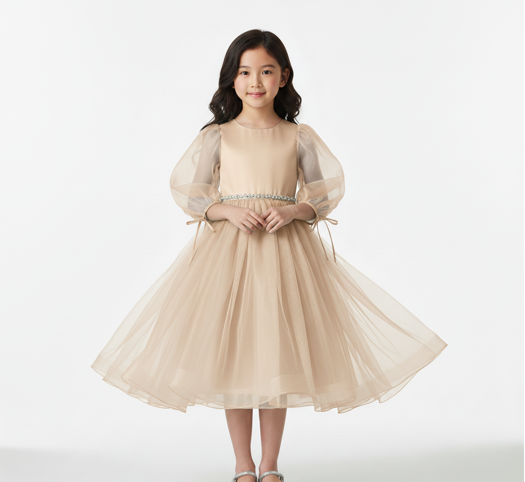 Puff Sleeve Organza Cascade Gown