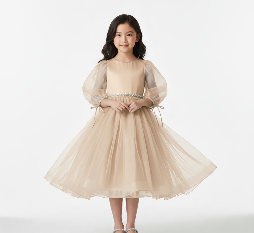 Puff Sleeve Organza Cascade Gown