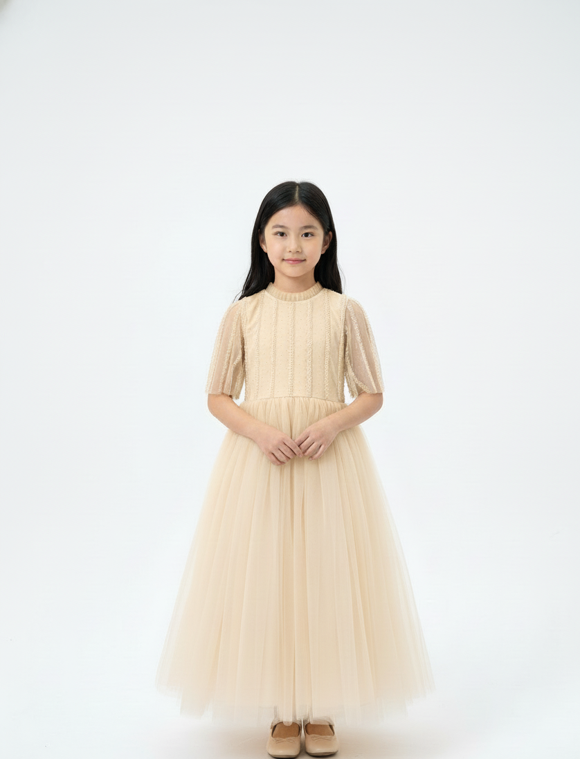 Vertical Beaded Flutter Sleeve Gown