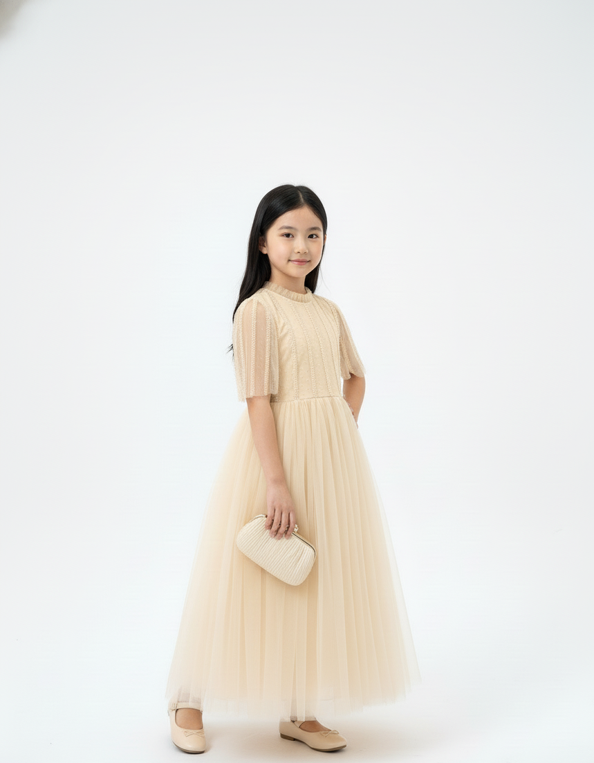 Vertical Beaded Flutter Sleeve Gown