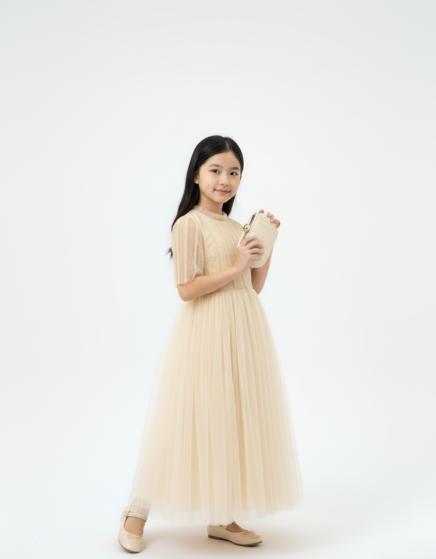 Vertical Beaded Flutter Sleeve Gown