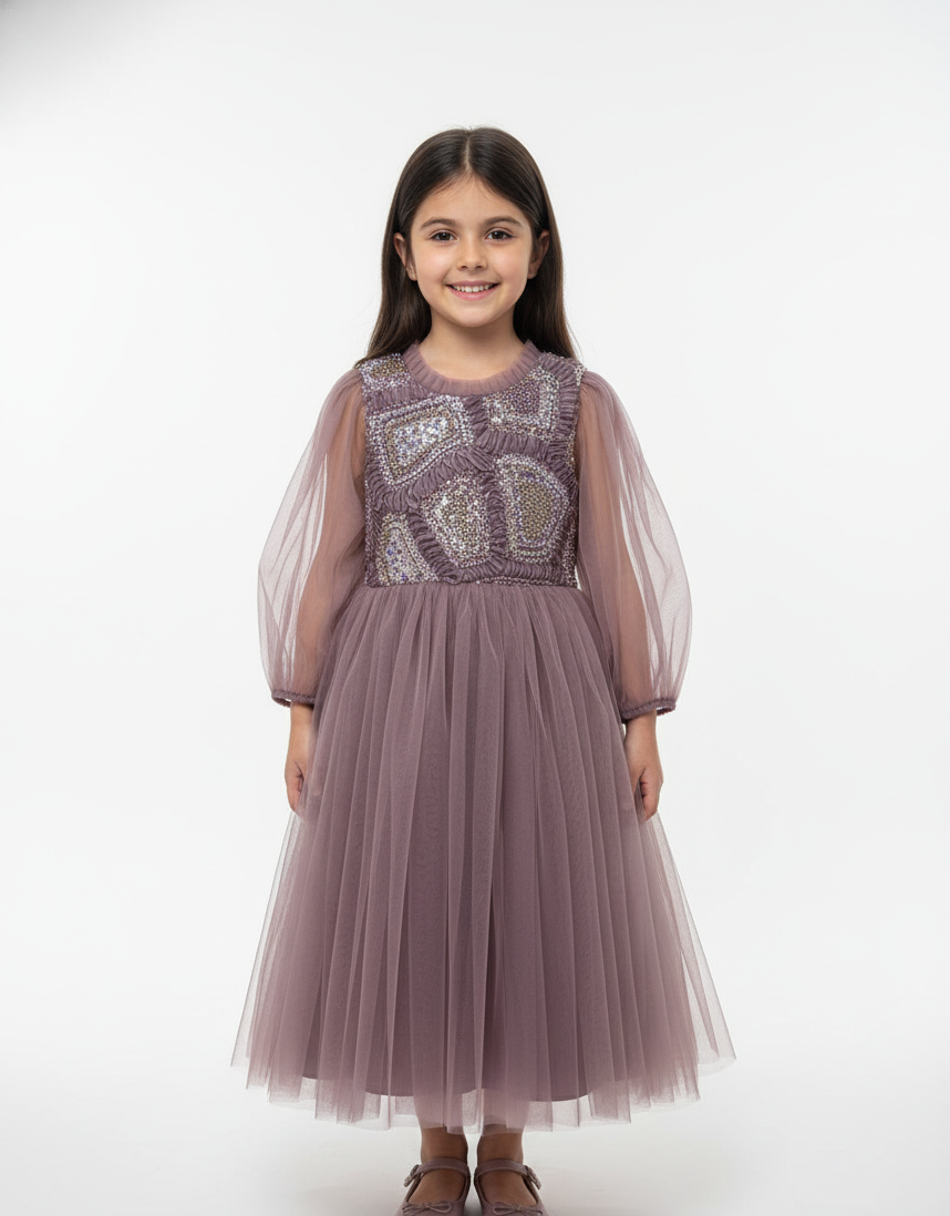 Abstract Sequin Appliqué Tulle Gown