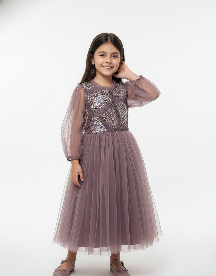 Abstract Sequin Appliqué Tulle Gown